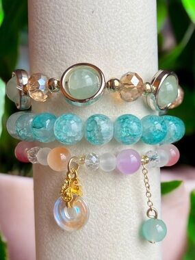 Halo Drop Charm Beaded 3 Pieces Stretch Bracelet Set